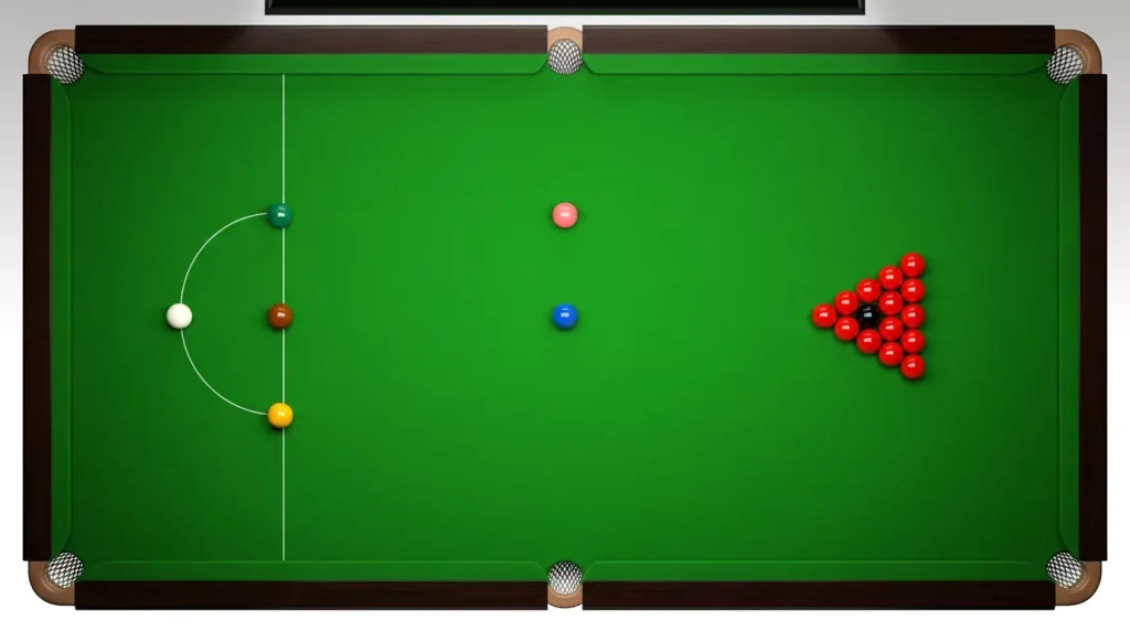 Snookertafel met de vijftien rode ballen strak opgesteld rond de zwarte bal voor de afstoot