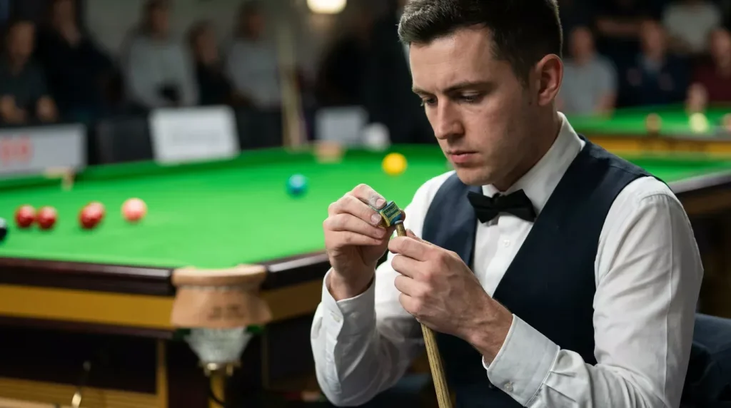 Snookerspeler krijtt de pomerans van zijn keu naast de groene tafel