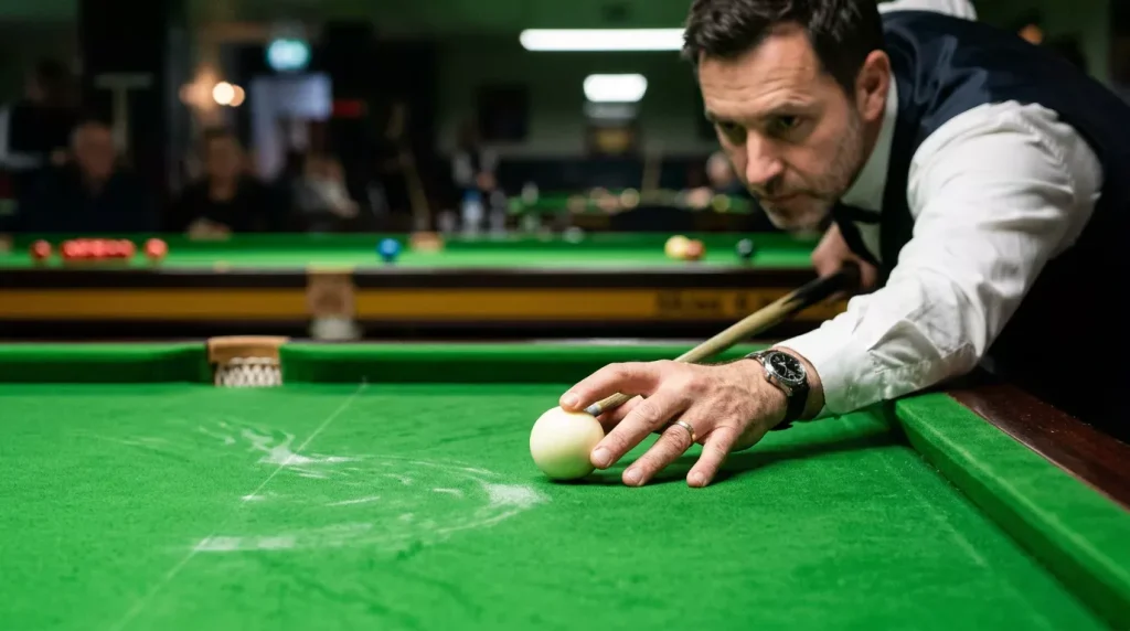 Snookerspeler plaatst de witte bal voor een precieze stoot op het groene laken