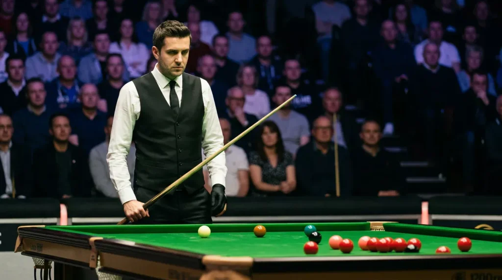 Snookerspeler bestudeert de tafel en plant zijn volgende stoot op het groene laken