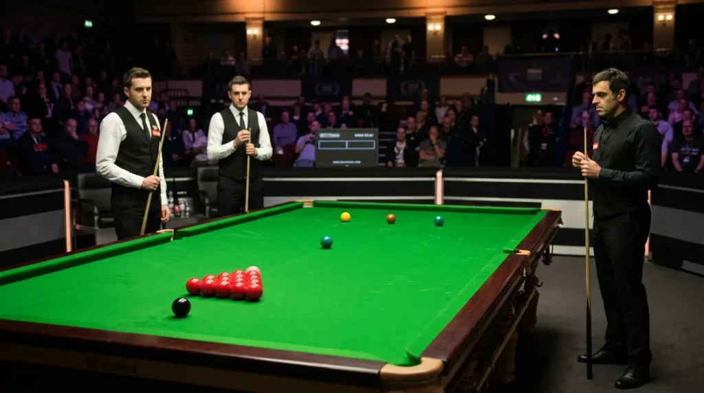 Twee snookerspelers staan klaar bij de groene tafel aan het begin van een wedstrijd