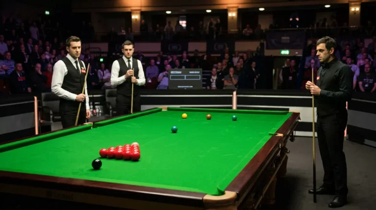 Twee snookerspelers staan klaar bij de groene tafel aan het begin van een wedstrijd