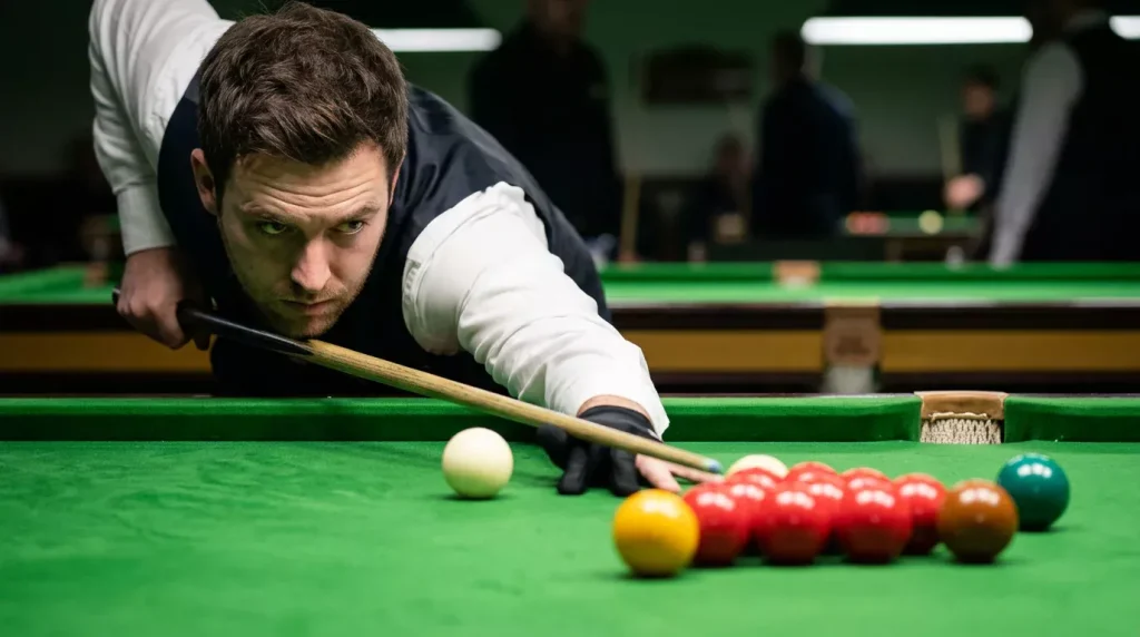 Snookerspeler kijkt geconcentreerd langs de keu naar de opstelling van de ballen