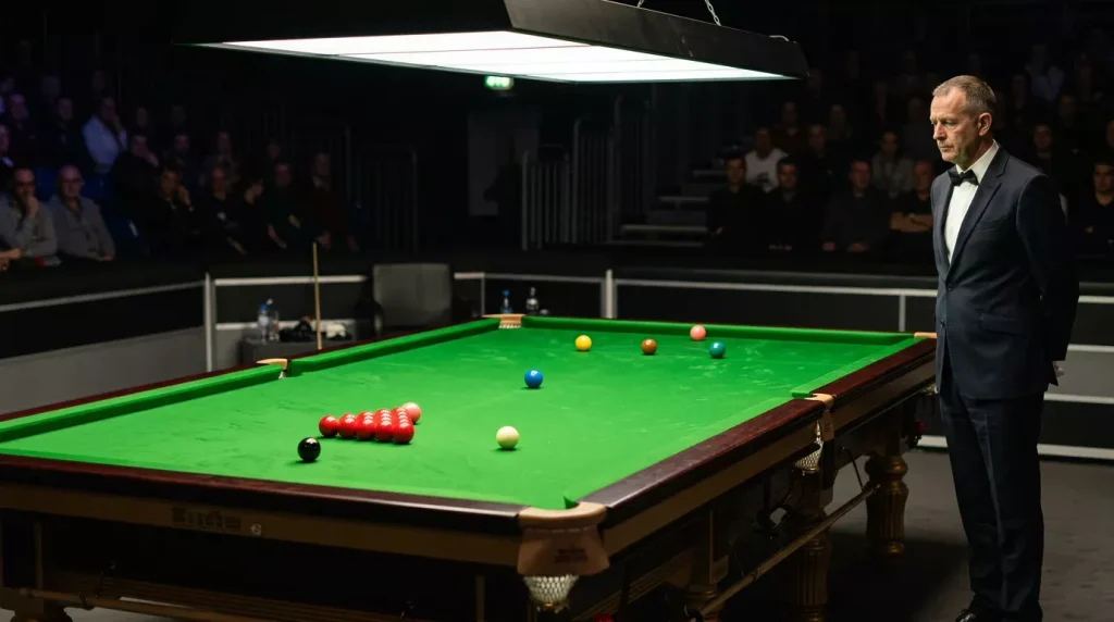 Snookertafel onder helder spotlicht met de scheidsrechter naast het speelvlak