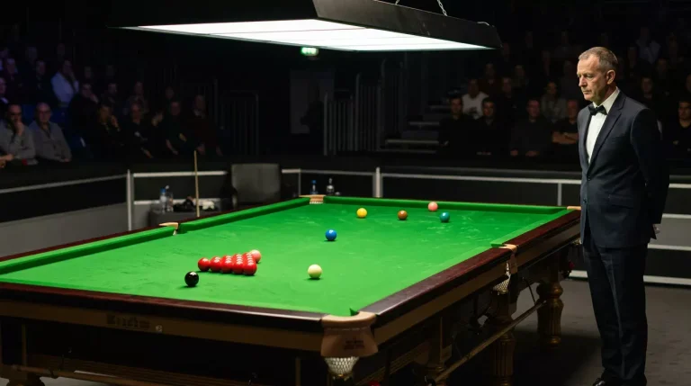 Snookertafel onder helder spotlicht met de scheidsrechter naast het speelvlak