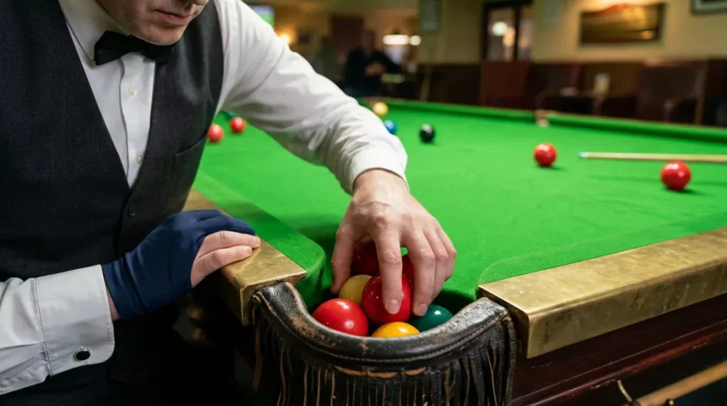 Snookerspeler verzamelt de gepotte ballen bij de hoekpocket van de groene tafel