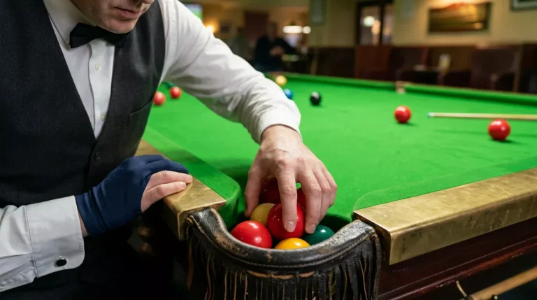 Snookerspeler verzamelt de gepotte ballen bij de hoekpocket van de groene tafel