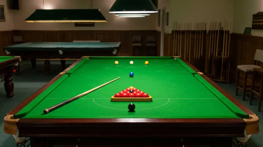 Snookertafel met keu en ballen klaar voor een wedstrijd in een verzorgde speelzaal