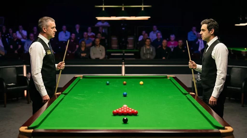 Twee snookerspelers tegenover elkaar bij de tafel met de cue in de hand voor de wedstrijd