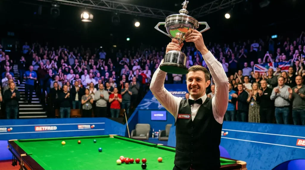 Snookerspeler tilt na de finale de toernooitrofee omhoog naast de groene tafel