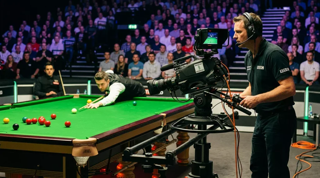 Cameraman filmt een snookerwedstrijd aan de rand van de verlichte tafel