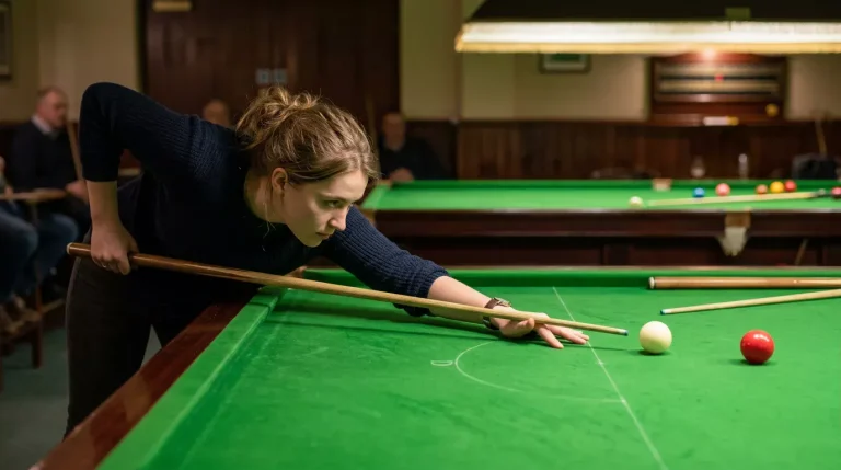 Beginnende snookerspeler oefent een rechte stoot aan de groene tafel
