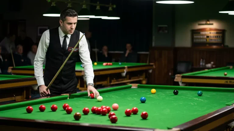 Snookerspeler overweegt zijn opties bij een tafel vol verspreide ballen