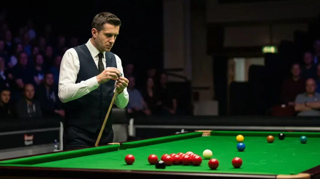 Snookerspeler richt een precieze stoot op de groene tafel, beeld voor snooker wedstrategie en value