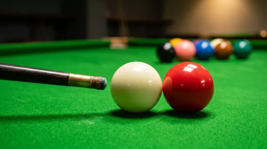 Close-up van snookerballen op groen laken rond de pottende keu, beeld voor de soorten snooker weddenschappen