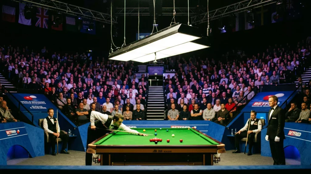 De felverlichte snookertafel centraal in een volle arena tijdens het wereldkampioenschap